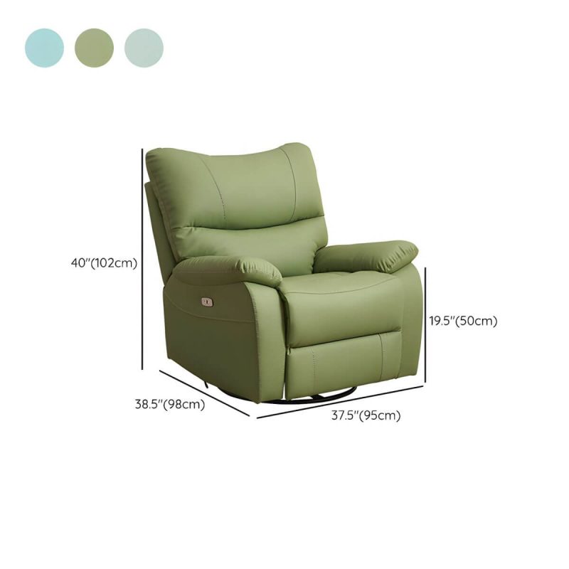 "Dimension of Small Modern Recliner with Lumbar Support and Foam-Filled Comfort, Solid Upholstery - Blue Power Recline Swivel Rocker"
