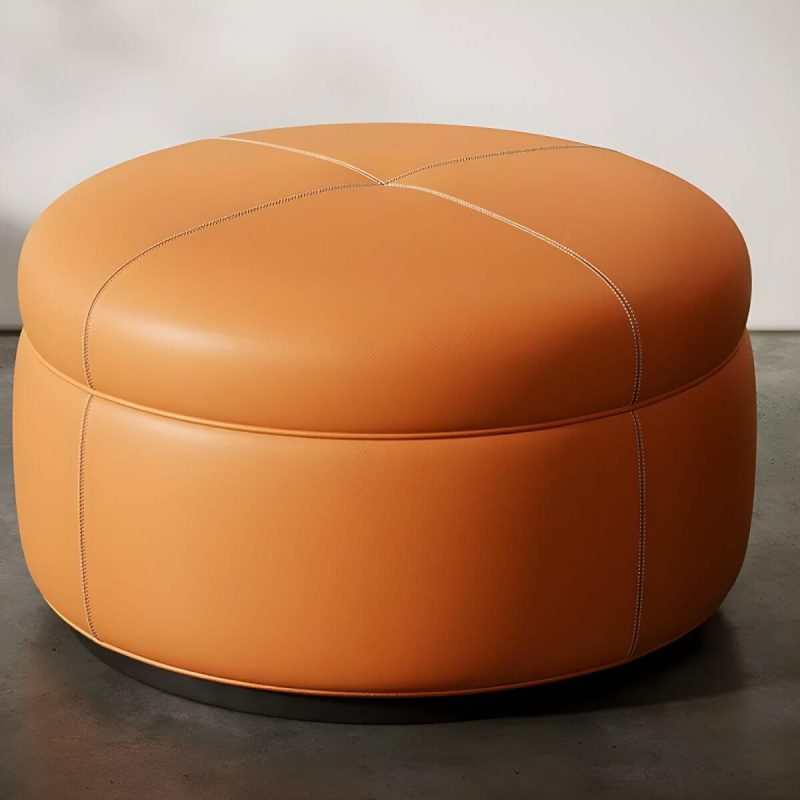 "Modern Genuine Leather Accent Stool Backless Round Solid Wood Stool - Orange 1 Piece"