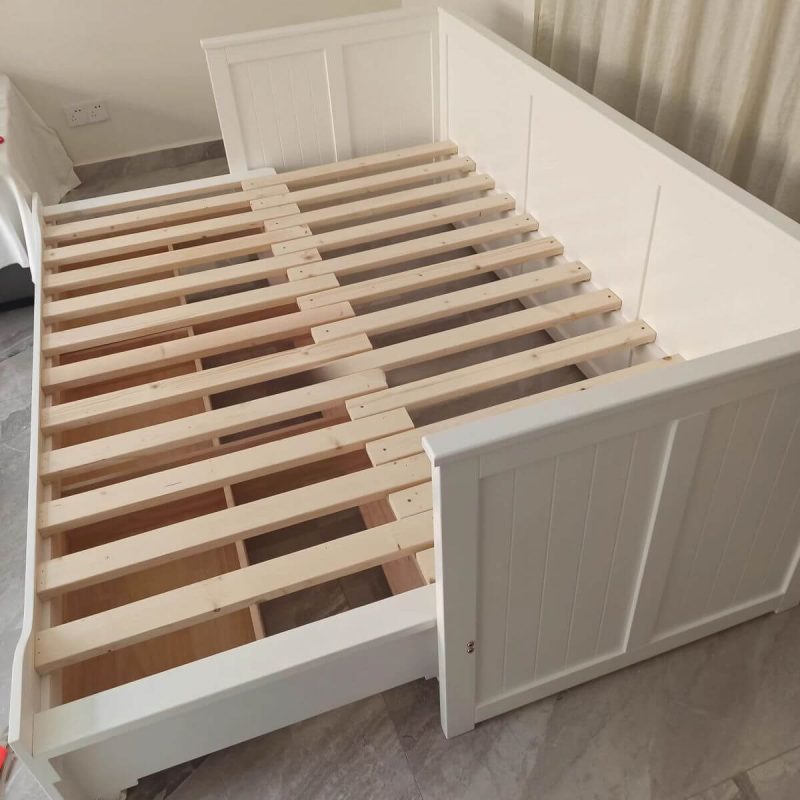 "Queen Size Simplistic Futon Daybed in Chalk with Tight Back, Seats 3, Square Arm, and Stockroom Storage"