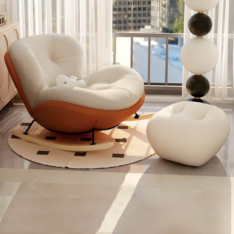 "Stylish Modern Upholstered Rocking Chair with Natural Wood Legs, Tufted Upholstered and Spindle Back - Rocking Chair with Ottomans Beige/ Orange"
