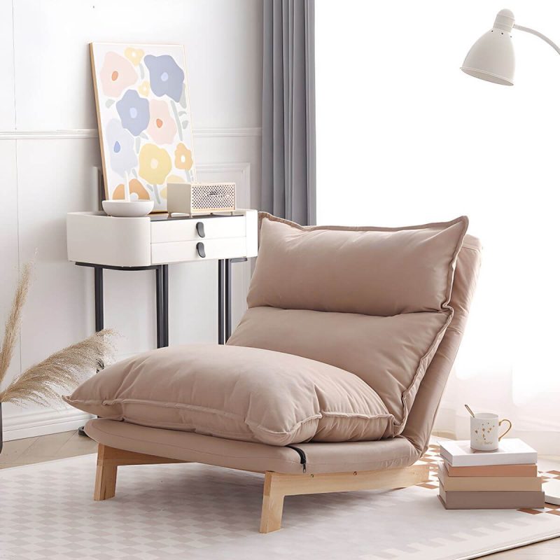 "Ergonomic Linen Recliner with Lumbar Support and Removable Cushions - Small Size - Beige Recliner with Ottoman"