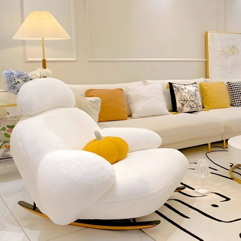 "Indoor Modern Rocking Chair with Sherpa Upholstered and Wood Legs - White"