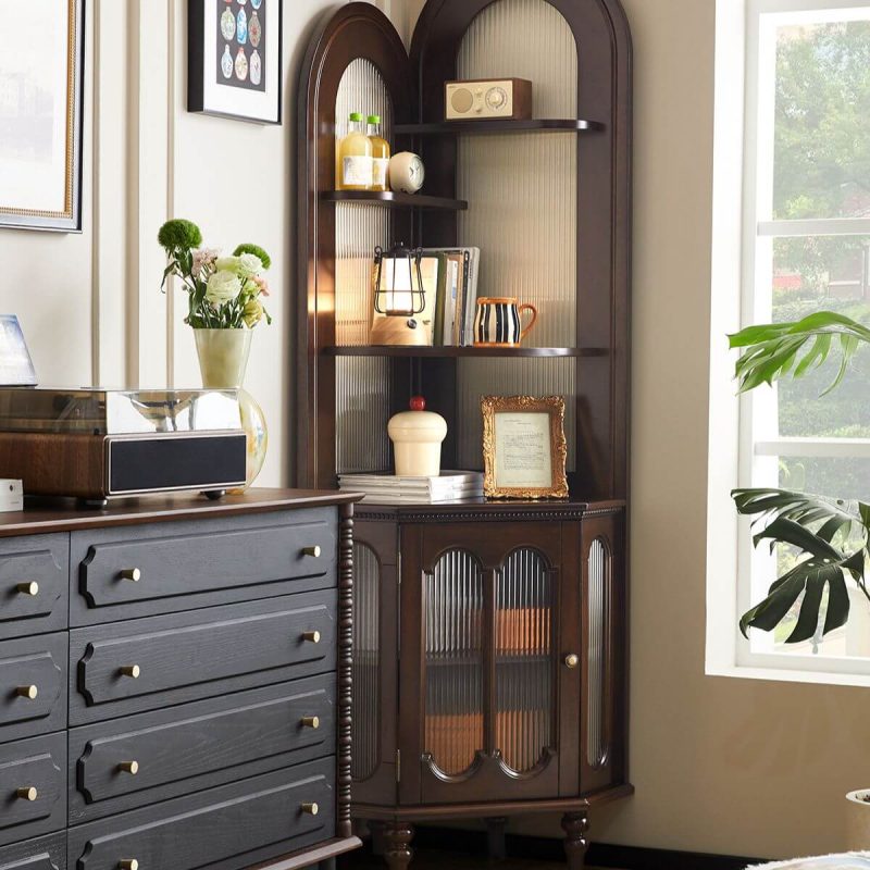"Detached Cocoa Corner Accent Cabinet with 4 Exterior Shelves, Glass-panel Door, 1 Cabinet & Pull Knobs, 21"L x 21"W x 79"H"