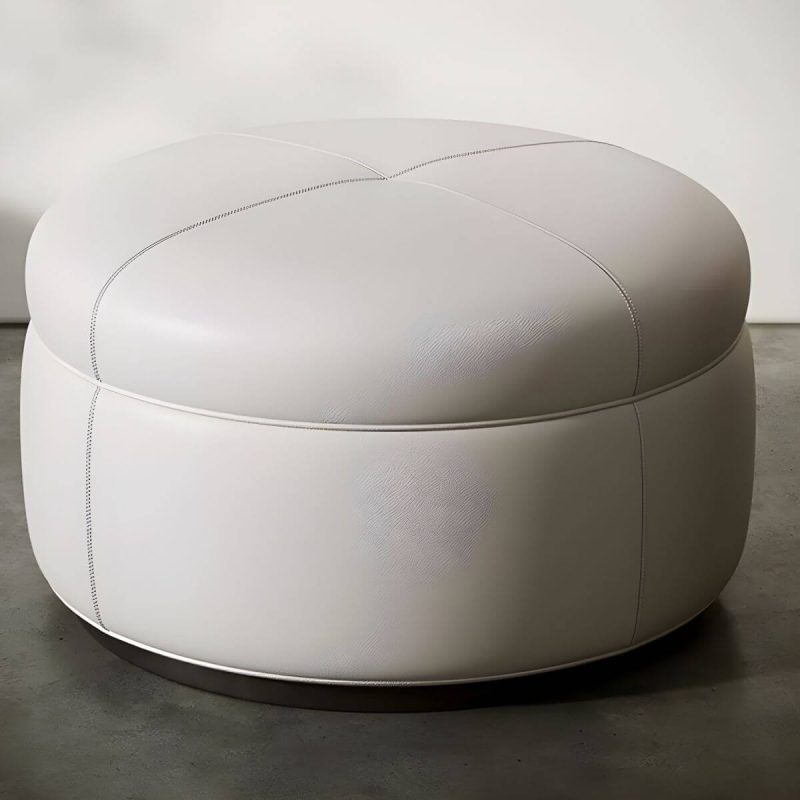 "Modern Genuine Leather Accent Stool Backless Round Solid Wood Stool - Light Gray 1 Piece"