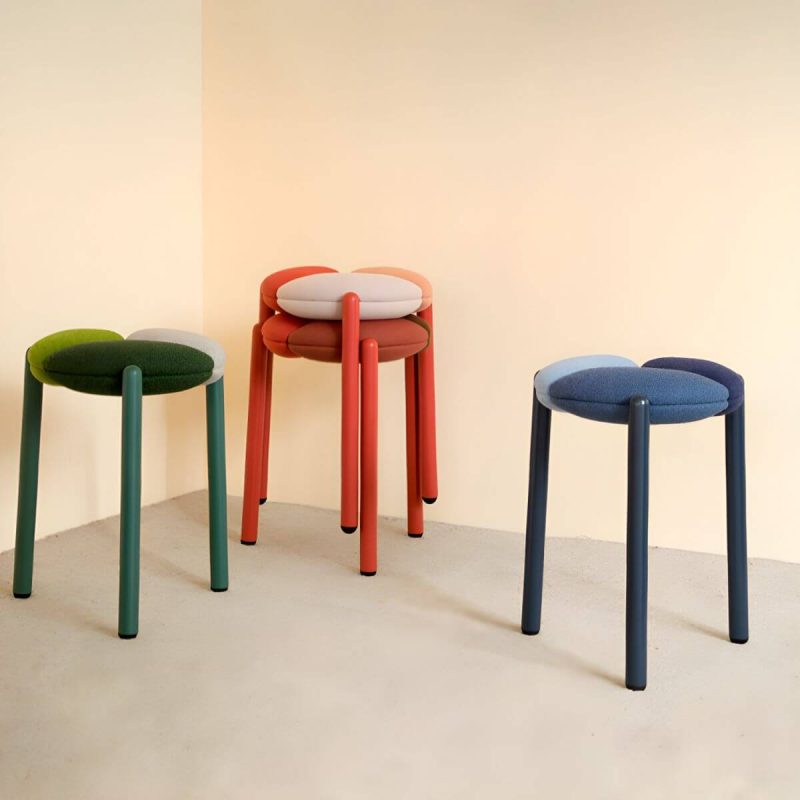 "Modern Upholstered Accent Stool with Metal Frame and Stackable Design - 2 Piece Set Grey"