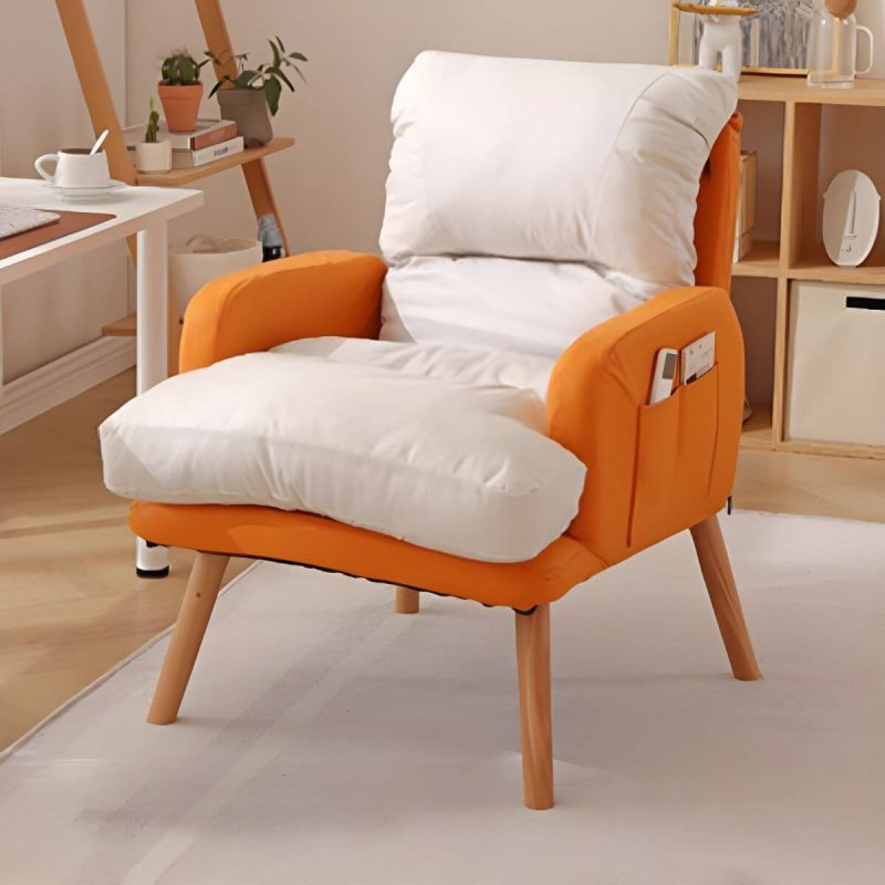 "Ergonomic Solid Color Modern Recliner with Lumbar Support and Storage, featuring Wood Legs - 28"L x 21"W x 39"H Orange/ White Deck Chair Faux Leather"