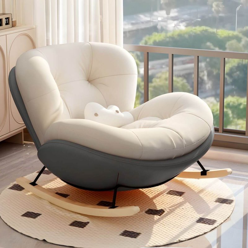 "Stylish Modern Upholstered Rocking Chair with Natural Wood Legs, Tufted Upholstered and Spindle Back - Rocking Chair Grey/ Beige"