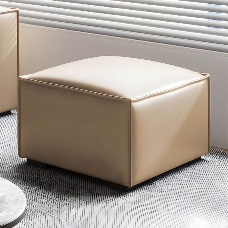 "Modern Upholstered Accent Stool with Wood Frame and Solid Color Seat - 1 Piece 31.5"L x 31.5"W x 14"H Genuine Leather Khaki"