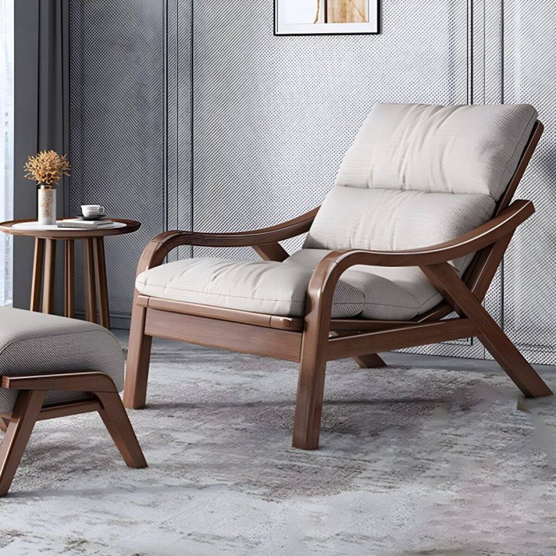 "Contemporary Solid Wood Recliner Chair in Solid Color with Wooden Legs - Recliner with Ottoman Faux Leather Brown"