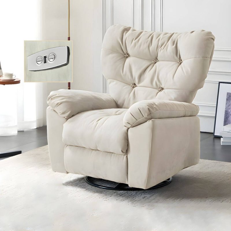 "Ergonomic Suede Modern Recliner with Tufted Back and Adjustable Lumbar Support - Power - Push Button Swivel Rocker Cream"