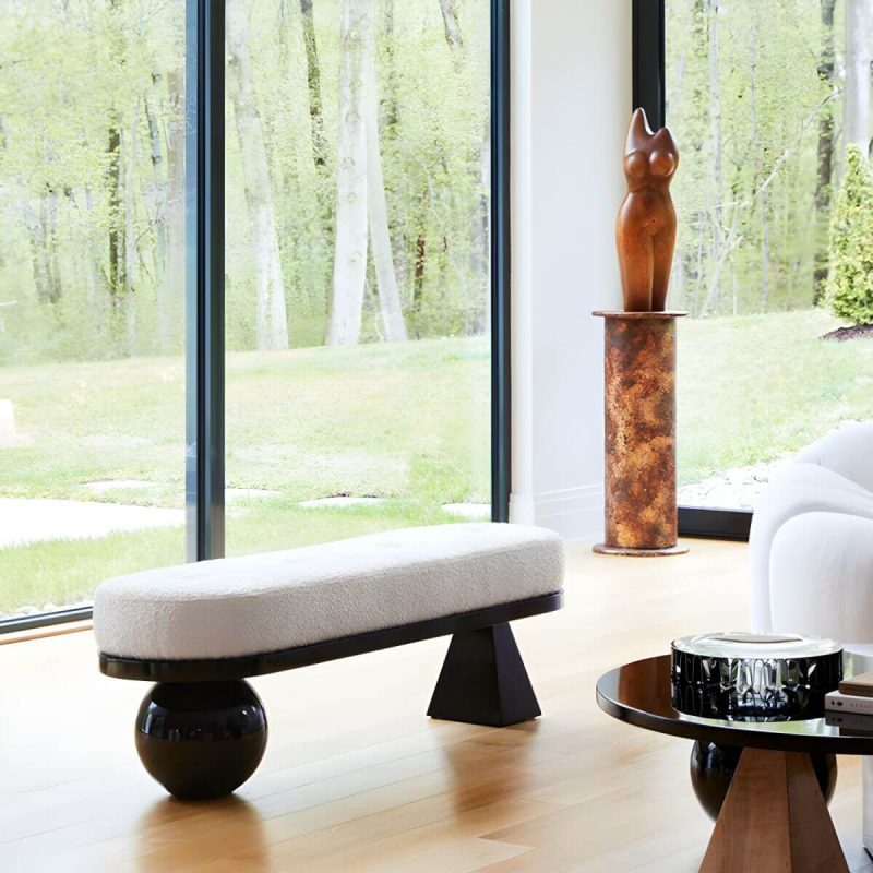 "White and Black Pouf in Wool Solid Wood Upholstered Contemporary - 4 Piece Set 71"L x 20"W x 18"H"