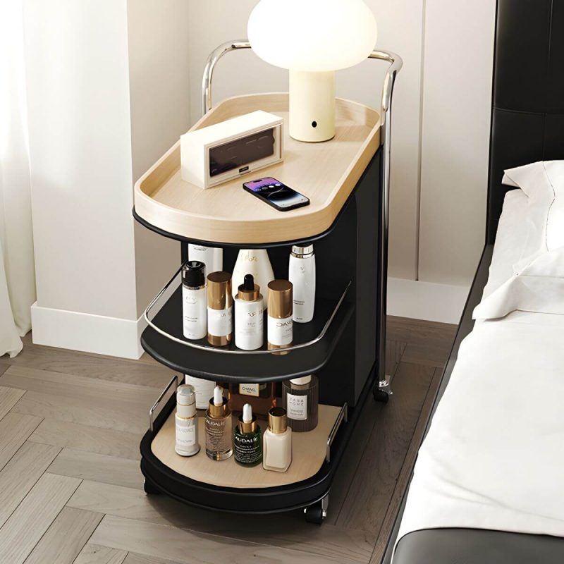 "Contemporary Side Table with Handle and Shelves, Black Frame and Wheels - Black 28"L x 16"W x 26"H"