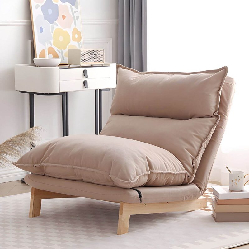 "Ergonomic Linen Recliner with Lumbar Support and Removable Cushions - Small Size - Beige Deck Chair"