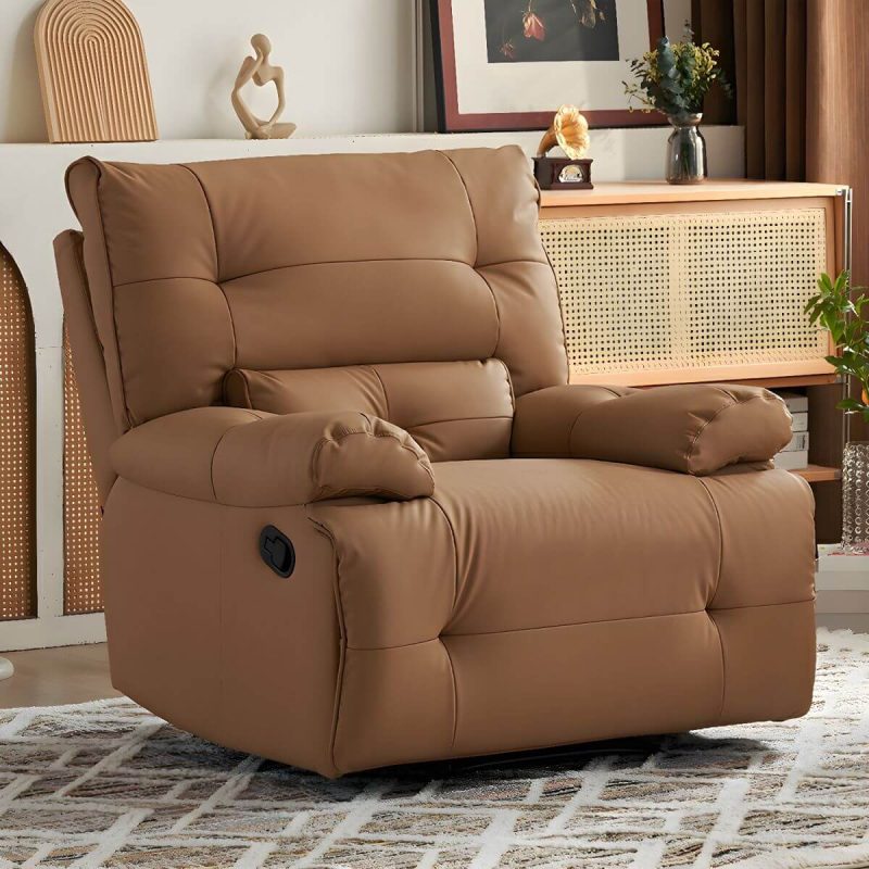 "Ergonomic Modern Recliner with Lumbar Support and Stain-Resistant Faux Leather Upholstery - Brown Deck Chair Power Recline Standard (No Motion)"