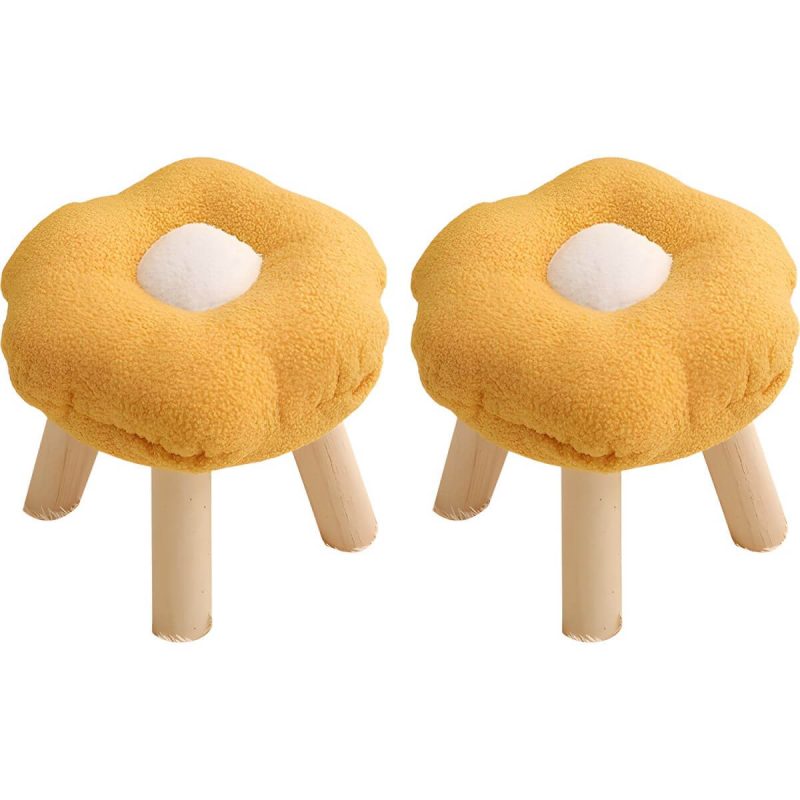 "Modern Unique Flannel Ottoman with Removable Cushion Cover and Wood Frame - 2 Piece Set Yellow"