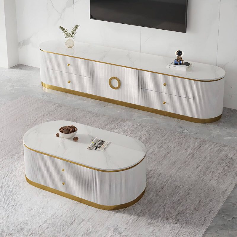 "Glam Marble TV Stand Console Enclosed Storage TV Media Stand with Doors for Living Room - 79"L x 16"W x 17"H Black"