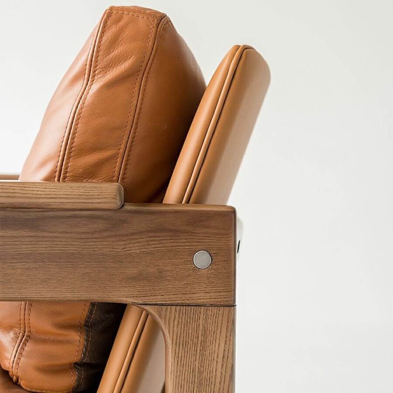 "Simple Apricot Color Genuine Leather Arm Chair with Slipcover, Removable Cushions, Fixed Back and Wood Arms, 1 Piece"