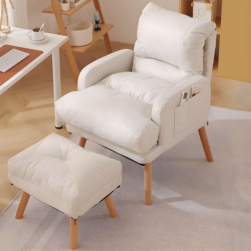 "Ergonomic Solid Color Modern Recliner with Lumbar Support and Storage, featuring Wood Legs - 28"L x 21"W x 39"H White Recliner with Ottoman Faux Leather"