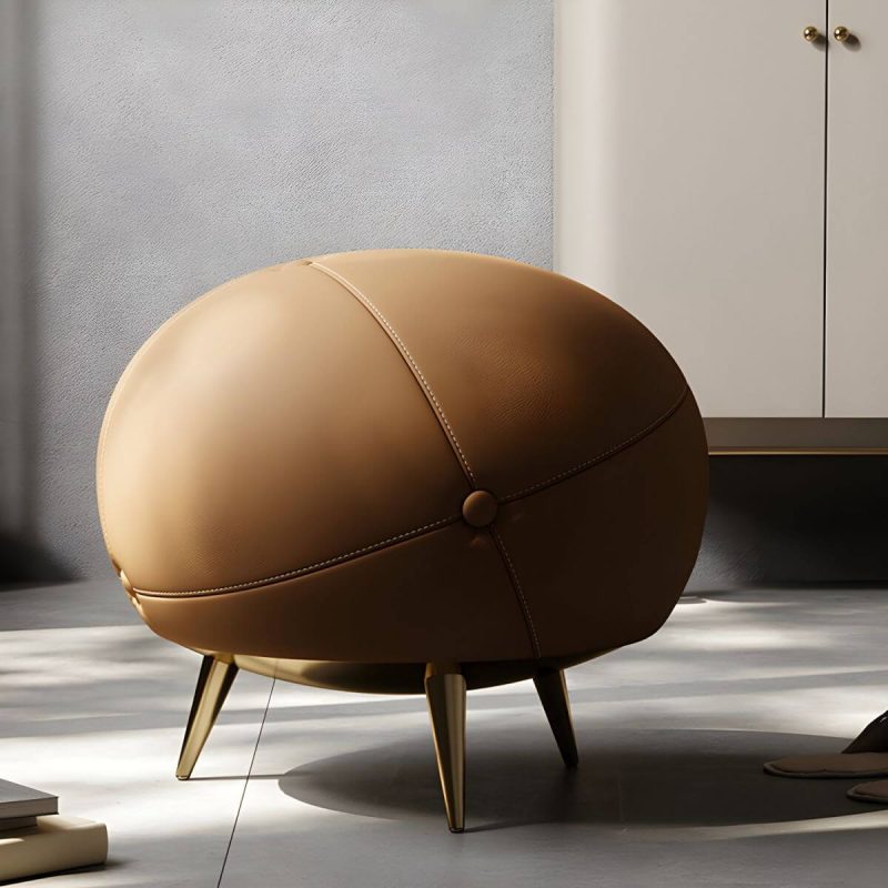 "Glam Round Accent Stool Backless Genuine Leather Solid Color in Brown - 1 Piece"
