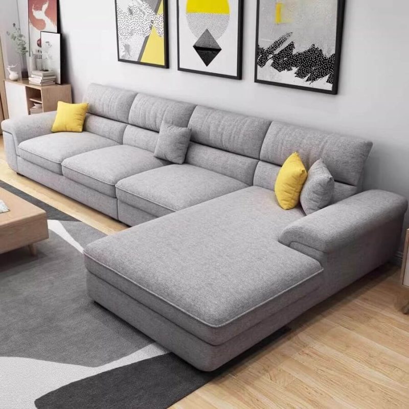 "Modish L-Shape Dove Grey Right Hand Facing Sofa Chaise with Pillow Top Arm, Pillow Back and 1-Chaise, Light Gray, 138"L x 71"W x 37"H, Cotton and Linen"