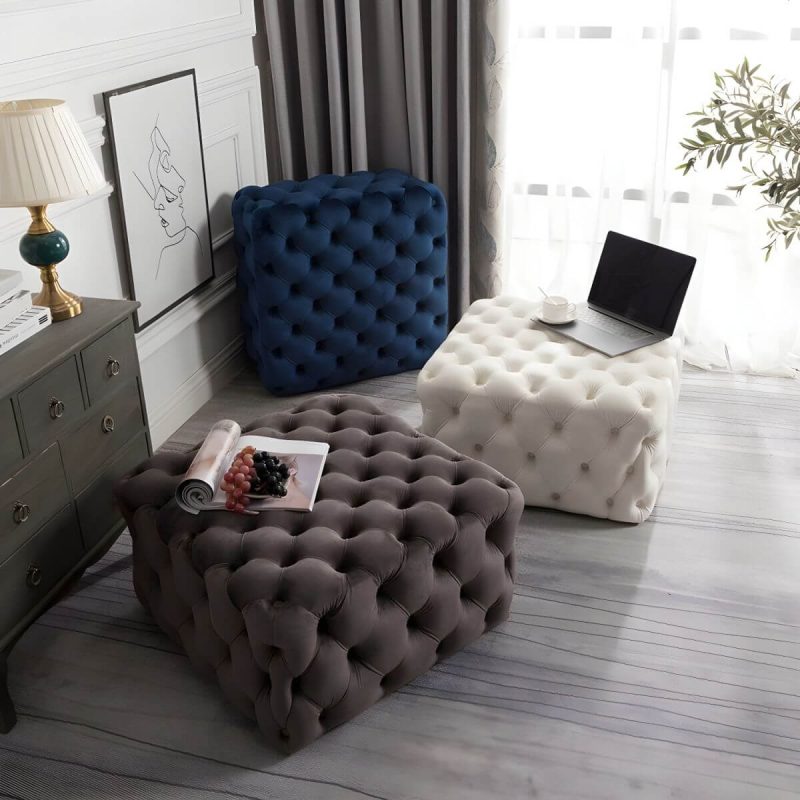 "Tufted Upholstered Fabric Square Contemporary Solid Color Indoor Standard Footstool - 1 Piece Royal Blue 39.5"L x 39.5"W x 16.5"H"