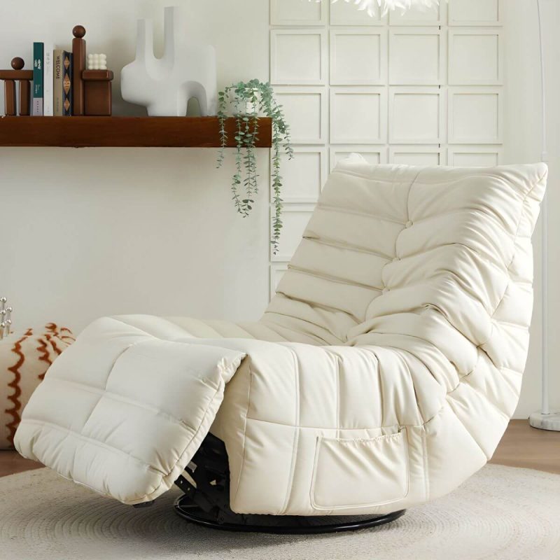 "Bonded Leather Recliner Chair Solid Color Metal Indoor Storage Reclining - Beige Manual - Handle/Lever"