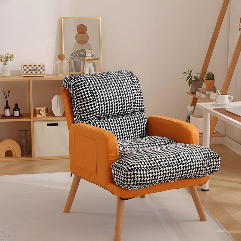 "Small Modern Recliner with Lumbar Support and Built-In Storage, featuring Wood Legs - Orange Houndstooth 29"L x 29"W x 34"H Deck Chair Cotton and Linen"