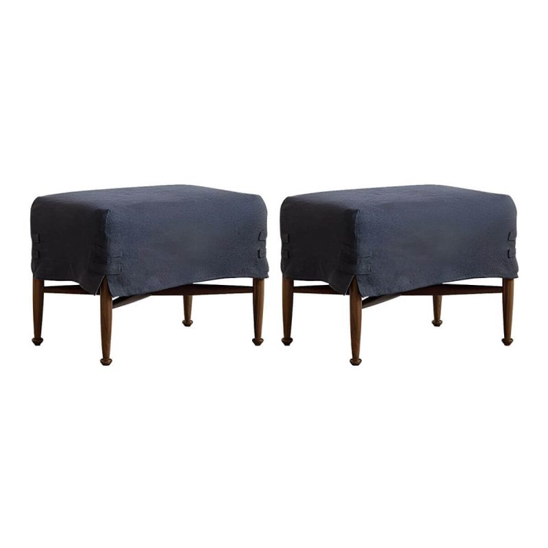 "Modern Upholstered Backless Accent Stool with Wood Legs and Linen Upholstery - Blue-Black 2 Piece Set"
