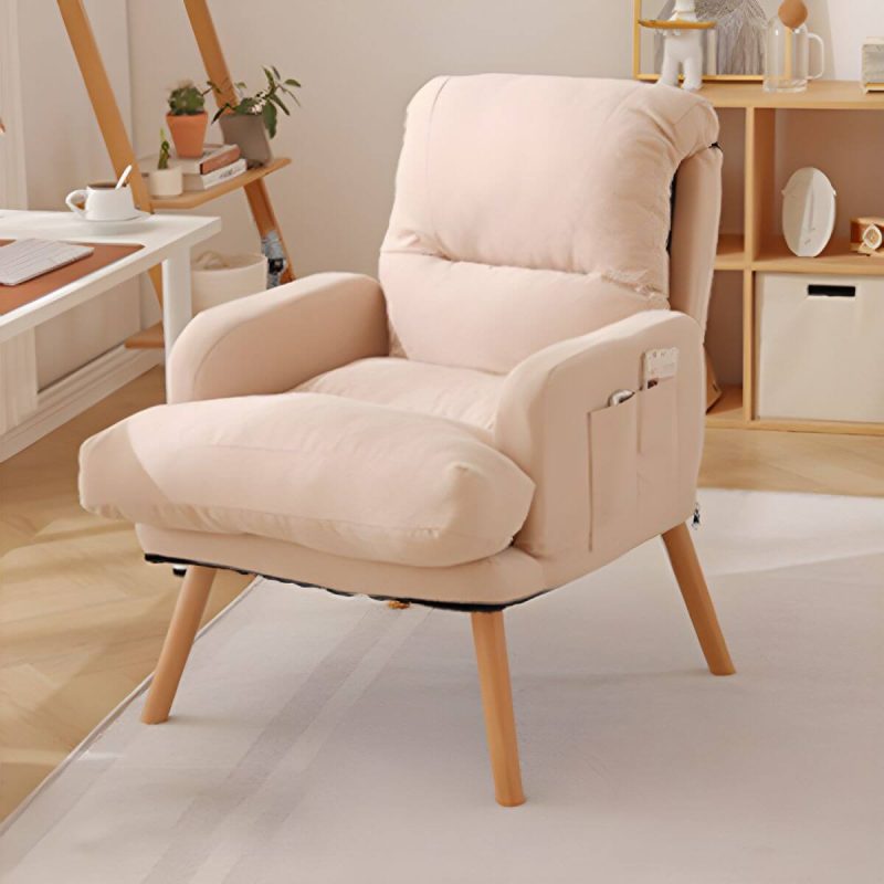 "Ergonomic Solid Color Modern Recliner with Lumbar Support and Storage, featuring Wood Legs - 28"L x 21"W x 39"H Beige Deck Chair Cotton and Linen"