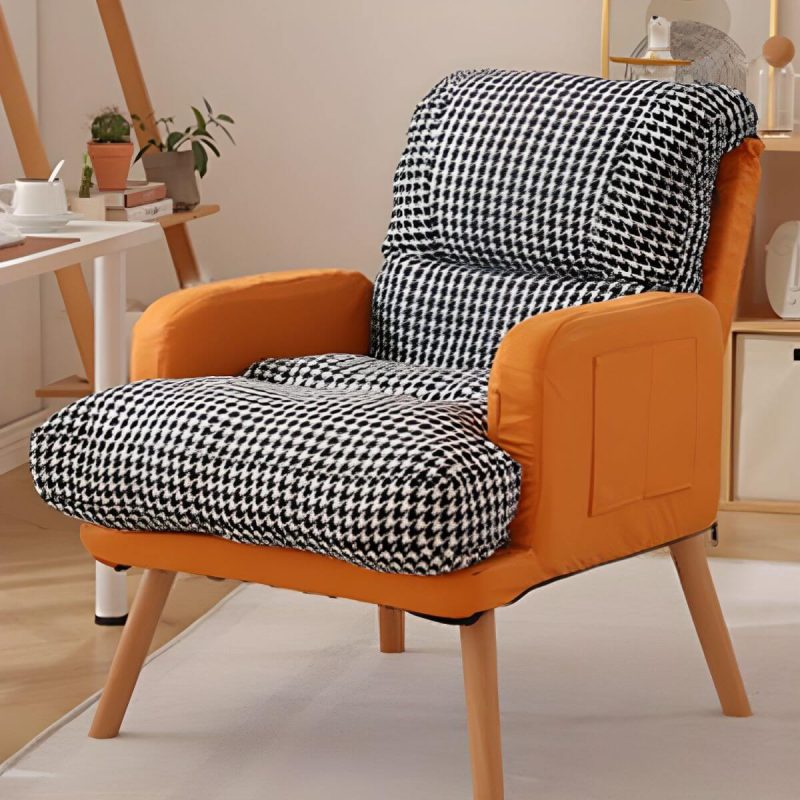 "Ergonomic Solid Color Modern Recliner with Lumbar Support and Storage, featuring Wood Legs - 28"L x 21"W x 39"H Orange Houndstooth Deck Chair Faux Leather"