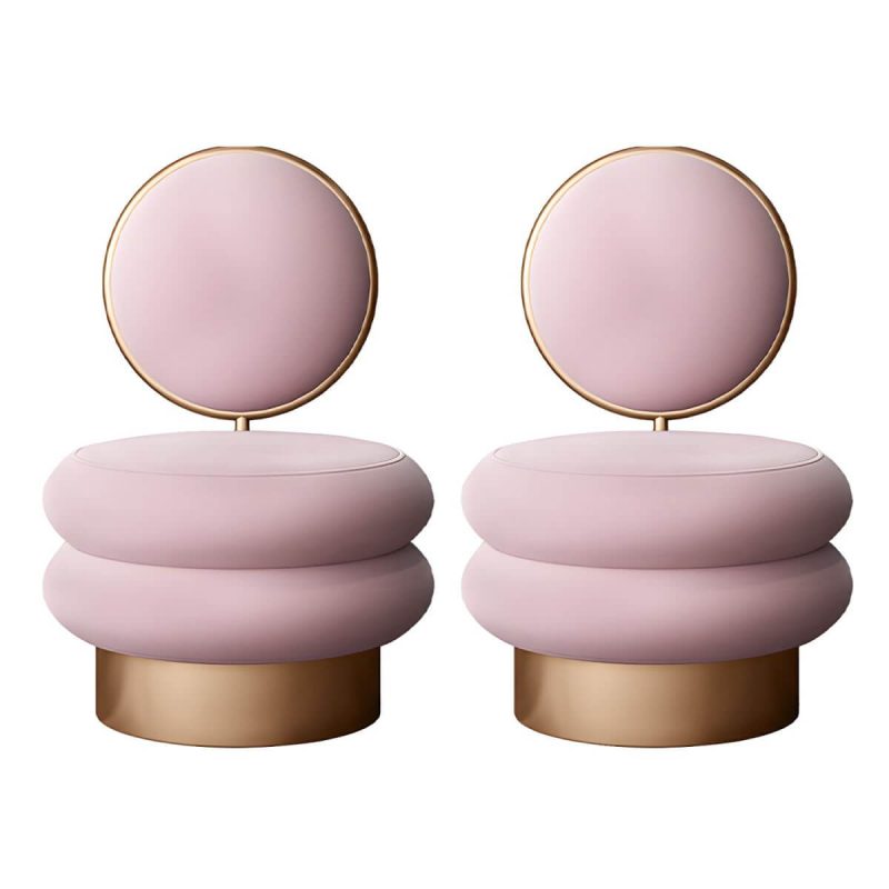 "Modern Upholstered Vanity Stool with Metal Frame and Patchwork Design - Pink 2 Piece Set"
