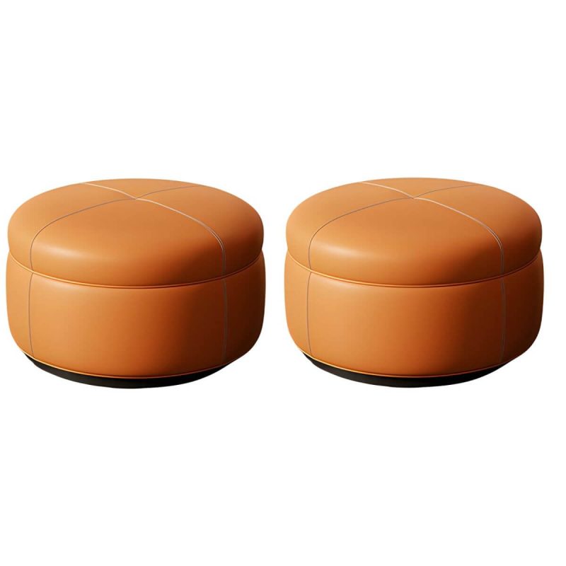 "Modern Genuine Leather Accent Stool Backless Round Solid Wood Stool - Orange 2 Piece Set"