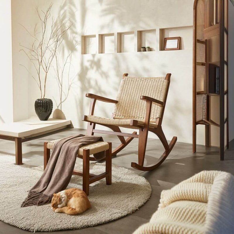 "Wooden Rocking Chair Couch with Ottoman and Rear Back, Nut-Brown, Rocking Chair with Ottomans"
