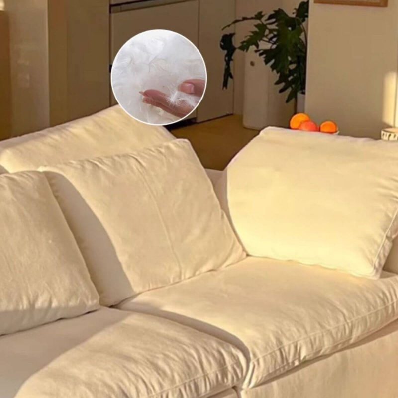 "Simple Water Resistant Solid Color Slipcover 4 Person White Cotton Linen Floor Sofa, 136"L x 45"W x 31"H"