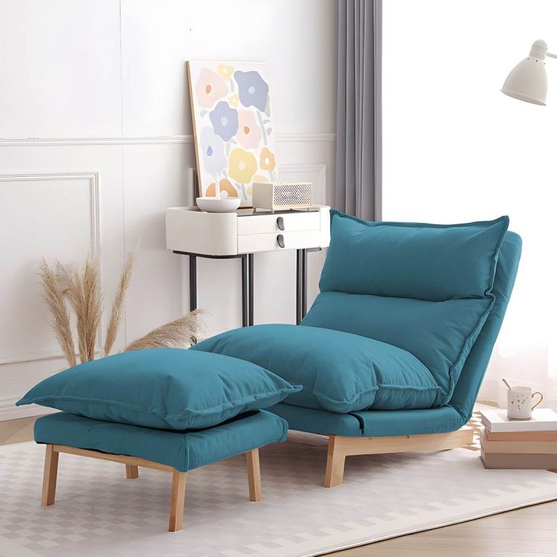 "Ergonomic Linen Recliner with Lumbar Support and Removable Cushions - Small Size - Blue Recliner with Ottoman"
