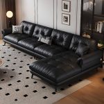 "Straight Midnight Black Horizontal Stitch-tufted Sofa Couch with Tufted Back, Interface Genuine Leather, 134"L x 39"W x 34"H"