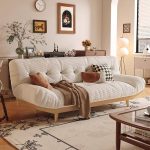 "Round Arm Ivory Convertible Futon Sofa Bed with King Size Cushion Back, Pillow, Button-tufted, Rainproof, Sponge, 83"L x 34"W x 35"H"