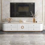 "Glam Marble TV Stand Console Enclosed Storage TV Media Stand with Doors for Living Room - 87"L x 16"W x 17"H White"