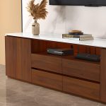 "Stone Rectangular TV Stand with Visible Storage, Shelf, 4 Drawers, 2 Cabinets, and Cable Management, 71"L x 16"W x 24"H, Nut-Brown"