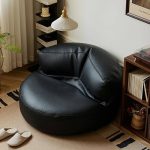 "Indoor Faux Leather Round Bean Bag Chair with Water Resistant for Adults - Black Bean Bag Chair with Ottoman"
