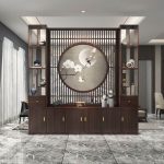 "Asian- Inspired Translucent Natural Wood Wall Partition in Espresso with Shelf & Book Cabinet, Mortise and Tenon, 79"L x 94"H"