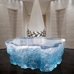 "Contemporary Single Board Game Coffee Table with Abstract Base, Translucent Irregular Top, Blue, 51"L x 28"W x 18"H"