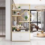 "Glamorous Metal Frame Transparent Room Divider with White Lumber Shelf, Bookcase and Barn Door, Cabinet Included"