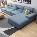 "Art Deco L-Shape Azure Right Sofa Recliner with Pillow Top Arm and Wide Pillow Back for 4 Person, Light Blue, 126"L x 71"W x 37"H, Cotton and Linen"