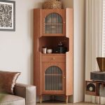 "Corner Unattached Ash Wood Accent Cabinet with Storage Drawer, Glass-panel Door, and Pull Knobs in Black/Brown - Brown 14"L x 14"W x 47"H"