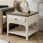 "Art Deco Wood Square Chairside Table with 4 Legs, Sepia Top, Shelf, Compartment, 25"L x 25"W x 23"H"