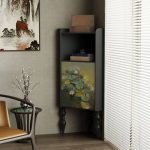 "Minimalist Corner Utility Storage Cabinet with Natural Wood, 1 Exterior Shelf, Black Top, Knob, and Cabinet, 26"L x 18"W x 55"H"