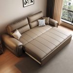 "Scratch-defiant Sleeper Sofa for 3 People with California King Size, Locker Storage, Latex Fill, Square Arm, and Pillow, Genuine Leather, 98"L x 32"W x 37"H"