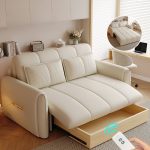 "Round Arm Futon Daybed with Stockroom, Stain Resistant, Pillow, Stitch-tufted, Twin Size for 2, 53"L x 41"W x 37"H"