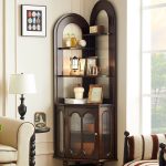 "Detached Cocoa Corner Accent Cabinet with 4 Exterior Shelves, Glass-panel Door, 1 Cabinet & Pull Knobs, 21"L x 21"W x 79"H"